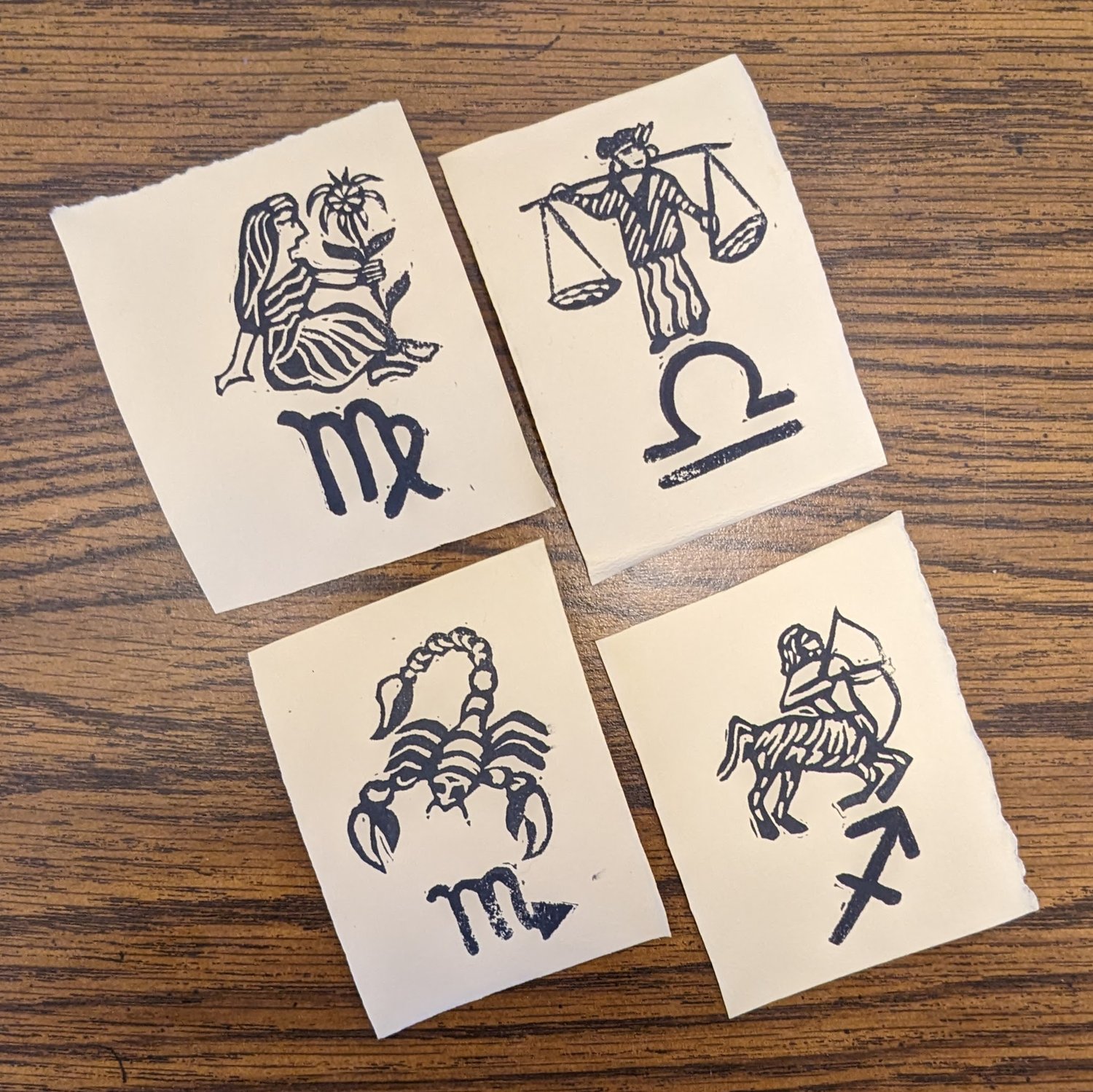 Zodiac stamped prints - Virgo, Libra, Scorpio, Sagittarius