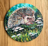 Image 1 of Shy but Spry – Friendly hedgehog on wood panel