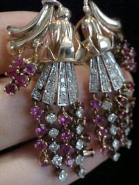 Image 3 of French Edwardian 18ct rose gold Ruby and Diamond chandelier earrings