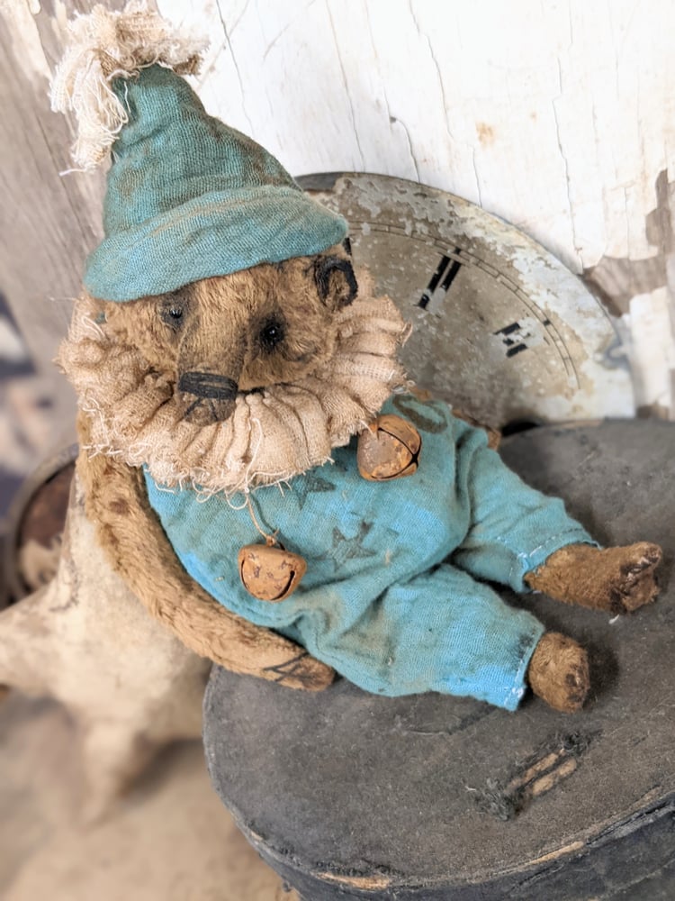 Image of 8" - TOY - Old Worn Primitive Frumpy Toy Teddy Bear in romper outfit by Whendi's Bears