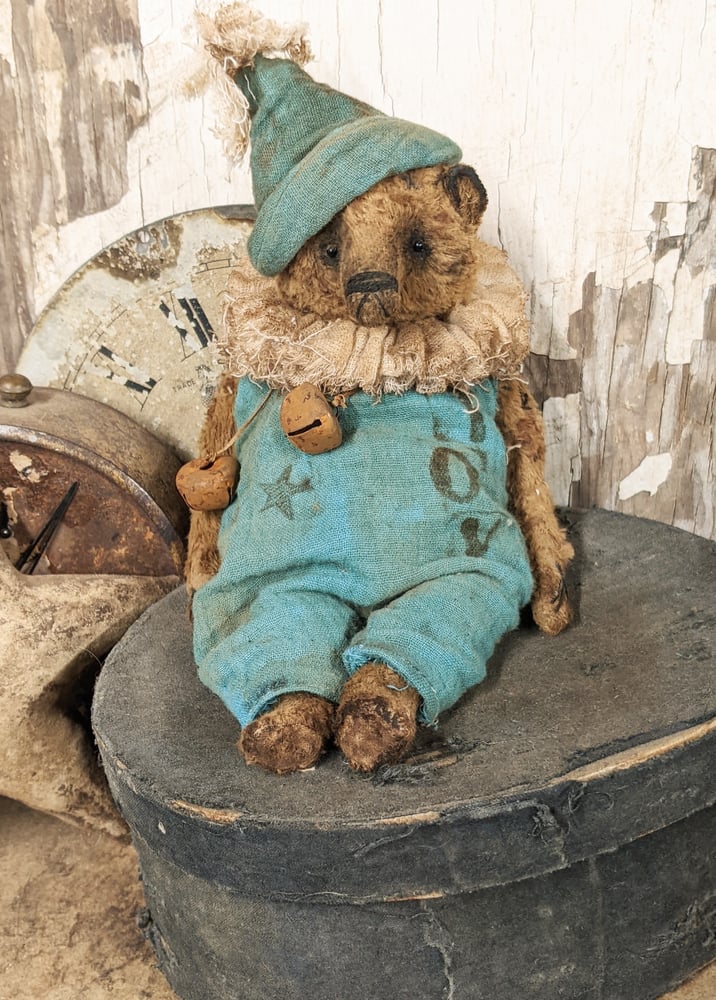 Image of 8" - TOY - Old Worn Primitive Frumpy Toy Teddy Bear in romper outfit by Whendi's Bears