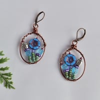 Image 1 of Blue Flower and Ladybug Copper Hoop Earrings