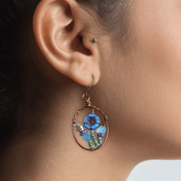Image 2 of Blue Flower and Ladybug Copper Hoop Earrings