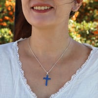 Image 3 of Handmade Navy Blue Lapis Lazuli Sterling Silver Cross 1.19 inches Pendant with 18+2 inches Chain