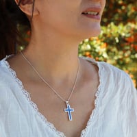Image 4 of Handmade Navy Blue Lapis Lazuli Sterling Silver Cross 1.19 inches Pendant with 18+2 inches Chain