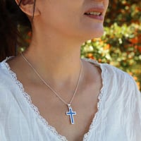 Image 4 of Handmade Navy Blue Lapis Lazuli Sterling Silver Cross 1.19 inches Pendant with 18+2 inches Chain