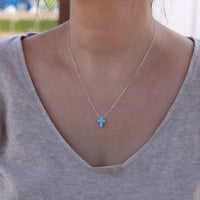 Image 5 of Handmade Blue Created Opal Cross Dainty Pendant with 925 Sterling Silver Chain 16+2 inches
