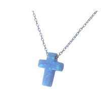 Image 1 of Handmade Blue Created Opal Cross Dainty Pendant with 925 Sterling Silver Chain 16+2 inches