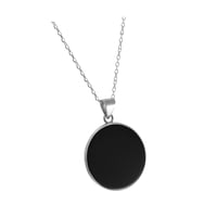Image 1 of Sterling Silver 925 Round Black Flat Onyx 20mm Handmade Pendant Necklace 16+2'' Chain