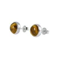 Image 1 of Handmade Sterling Silver 925 Round Brown Natural Tiger Eye 9mm Stone Stud Earrings for Women