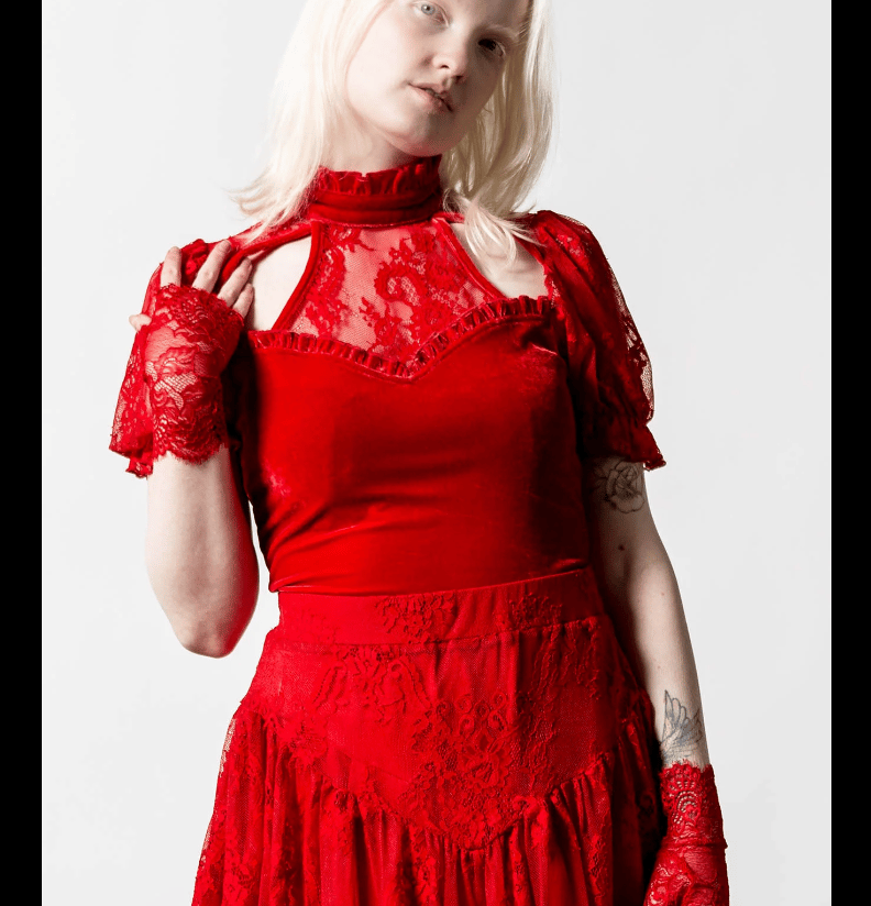 Image of red velvet lace top