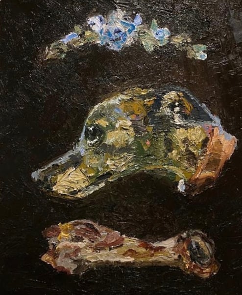 Image of Dog with Bone and Garland of Flowers 