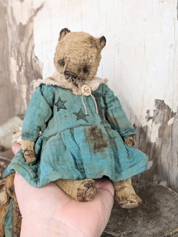 Image of 8"  - Old Worn Primitive Frumpy Teddy Bear in Dress by Whendi's Bears