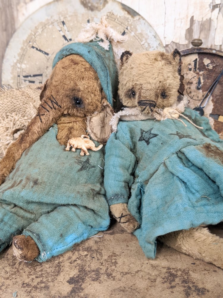 Image of 8"  - Old Worn Primitive Frumpy Teddy Bear in Dress by Whendi's Bears