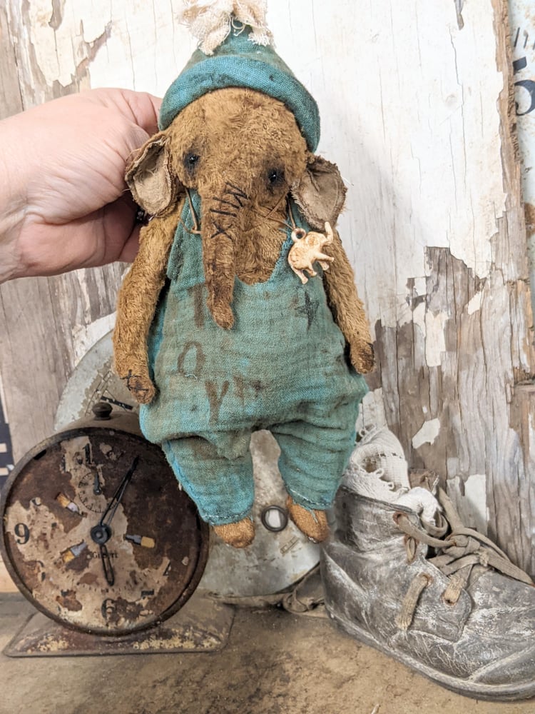 Image of TOY - 8" - old Vintage Old Worn Ellyfont in handmade romper & hat by whendi's bears.