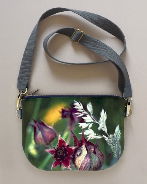 Image of Wild meadow, curved velvet shoulder bag with crossbody strap