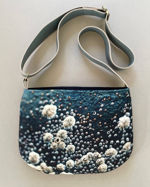 Image of Barnacles, curved shoulder bag with crossbody leather strap + plant-dyed lining