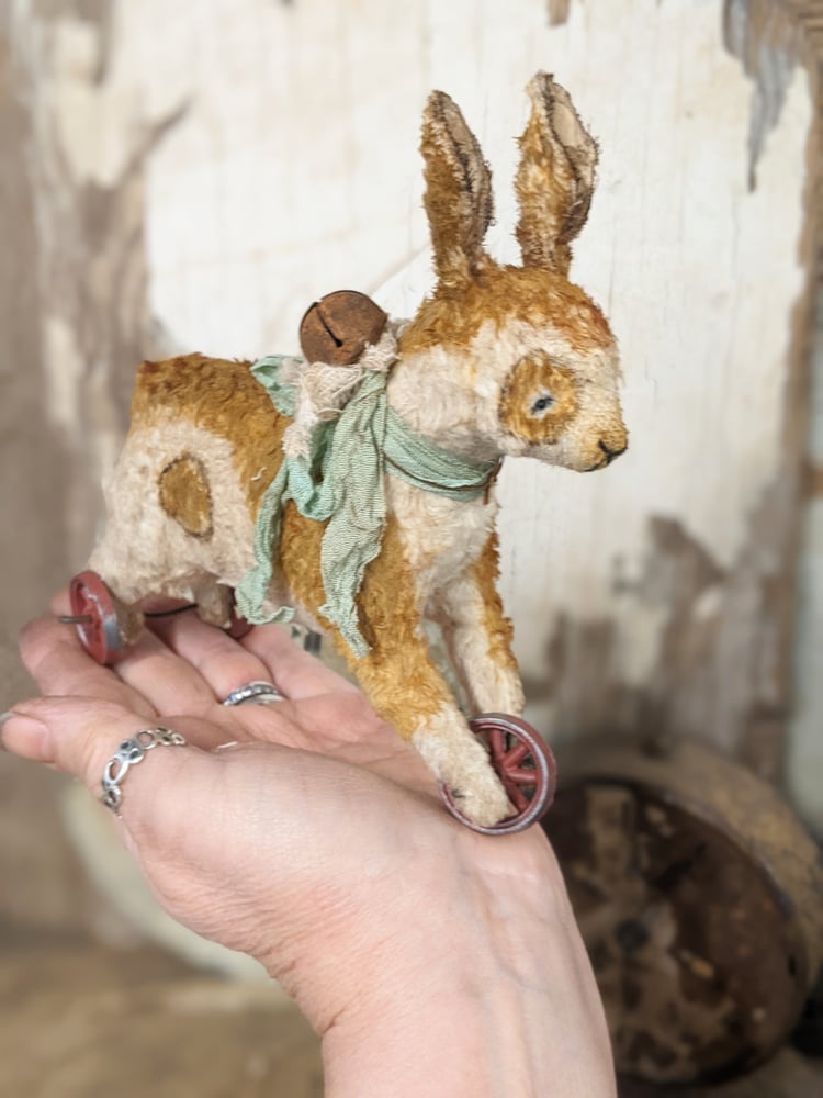 Image of NEW DESIGN 6" tall - Vintage style Running RABBIT  pull toy on 3 wheels by Whendis Bears...