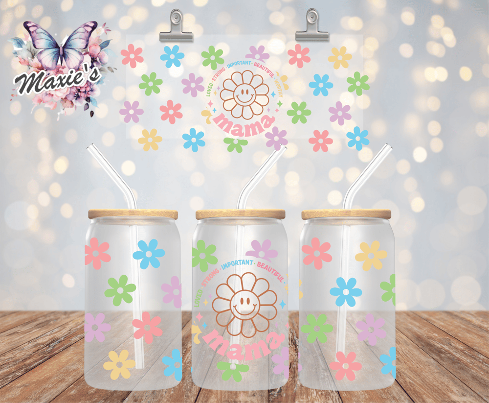 Image of Smiley Floral Mama Graphic Design 16oz. UVDTF Cup Wrap 