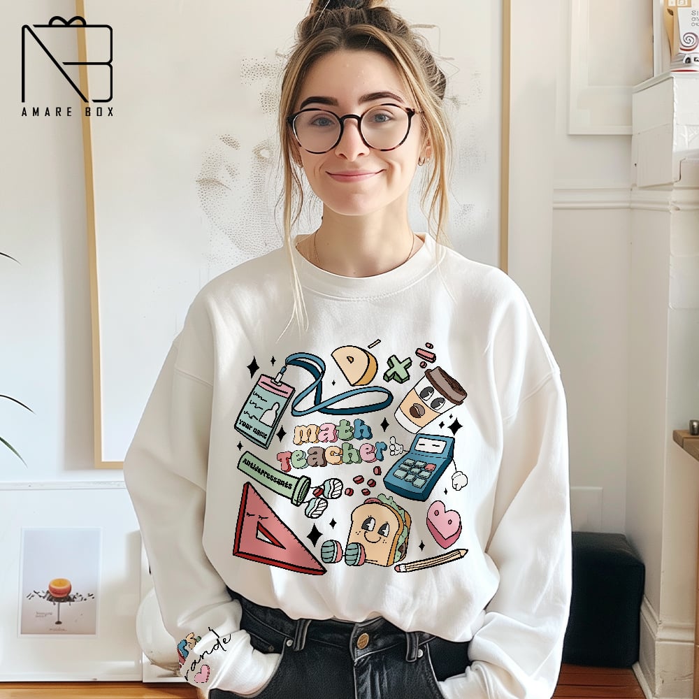 Image of Amarebox Personalized Teacher Sweatshirt, Custom Math Gift Crewneck, Math teacher Vintage