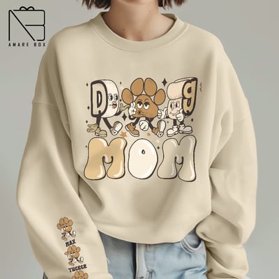 Image of Amarebox Personalized Mother Day Sweatshirt, Crewneck Dog Mom Retro Groovy Mascot, Mother Day Gift