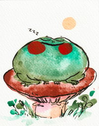 Round Green Frog on Mushroom - Original Drawing 4x5"