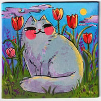 Gray Cat in the Moonlight - Original Drawing 4x4"