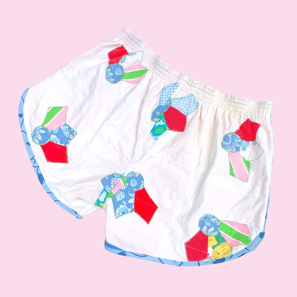 Image of Retro Quilted Shorts — Patchwork Blue & White