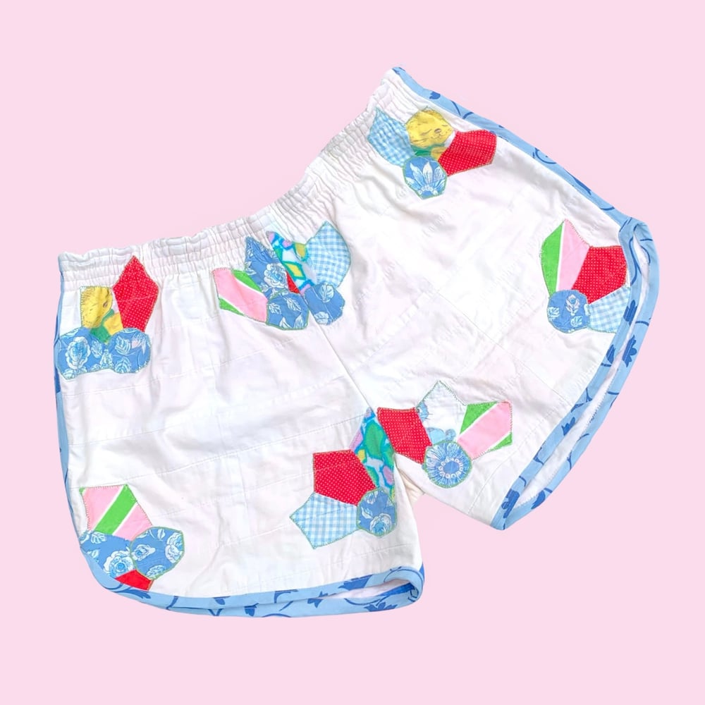 Image of Retro Quilted Shorts — Patchwork Blue & White
