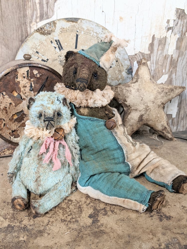 Image of 8" - Old Worn Primitive Frumpy Toy Teddy Bear in romper outfit by Whendi's Bears