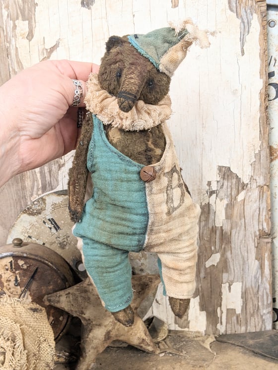 Image of 8" - Old Worn Primitive Frumpy Toy Teddy Bear in romper outfit by Whendi's Bears