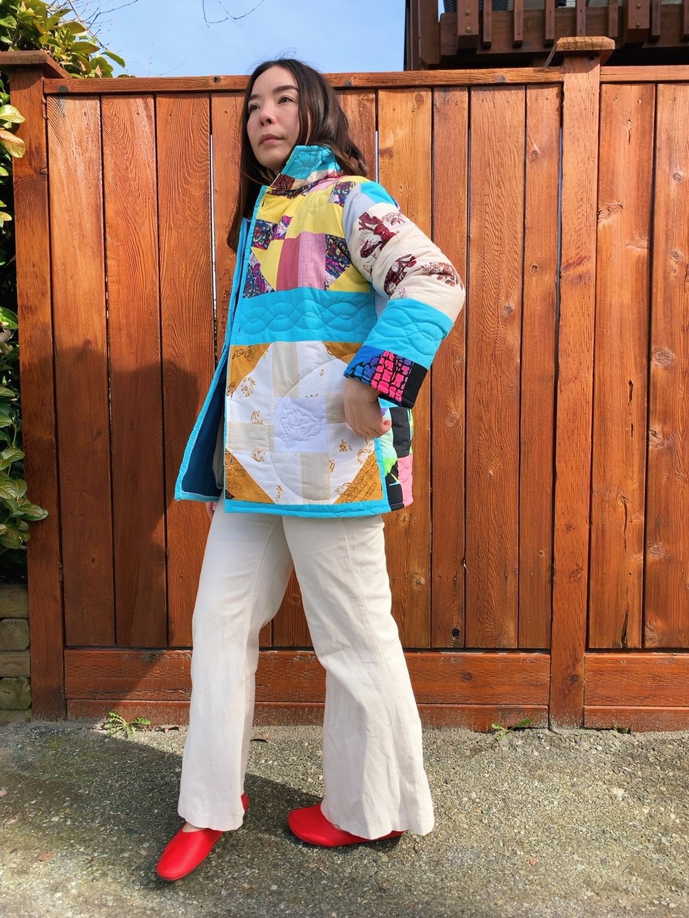 Image of Quilt  Collared Coat - Turquoise Multi-Colored Patchwork