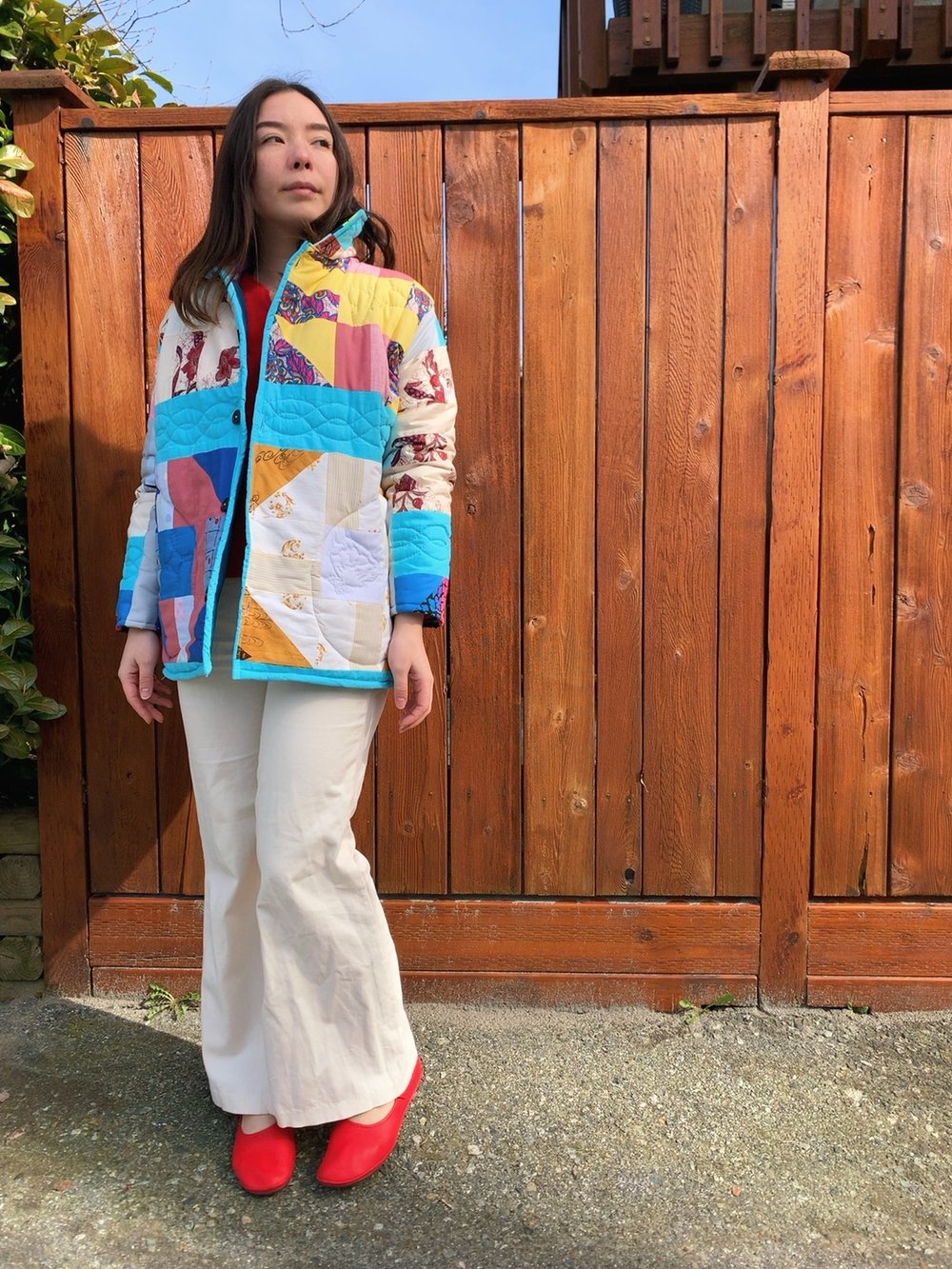 Image of Quilt Collared Coat - Turquoise Multi-Colored Patchwork