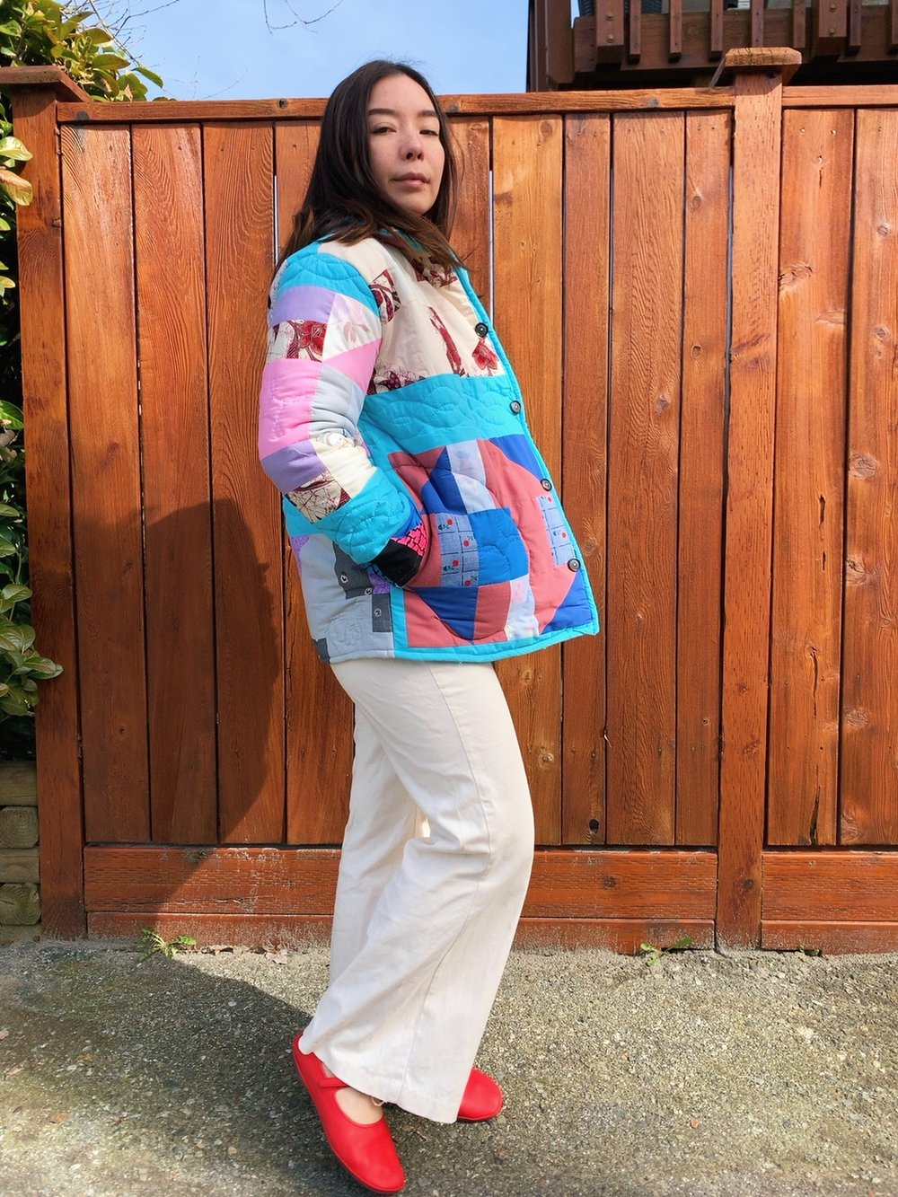 Image of Quilt Collared Coat - Turquoise Multi-Colored Patchwork
