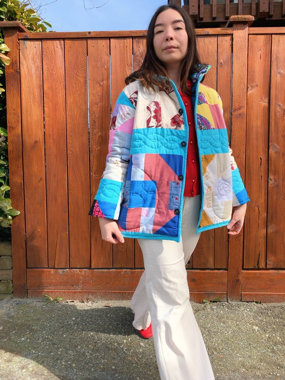 Image of Quilt Collared Coat - Turquoise Multi-Colored Patchwork