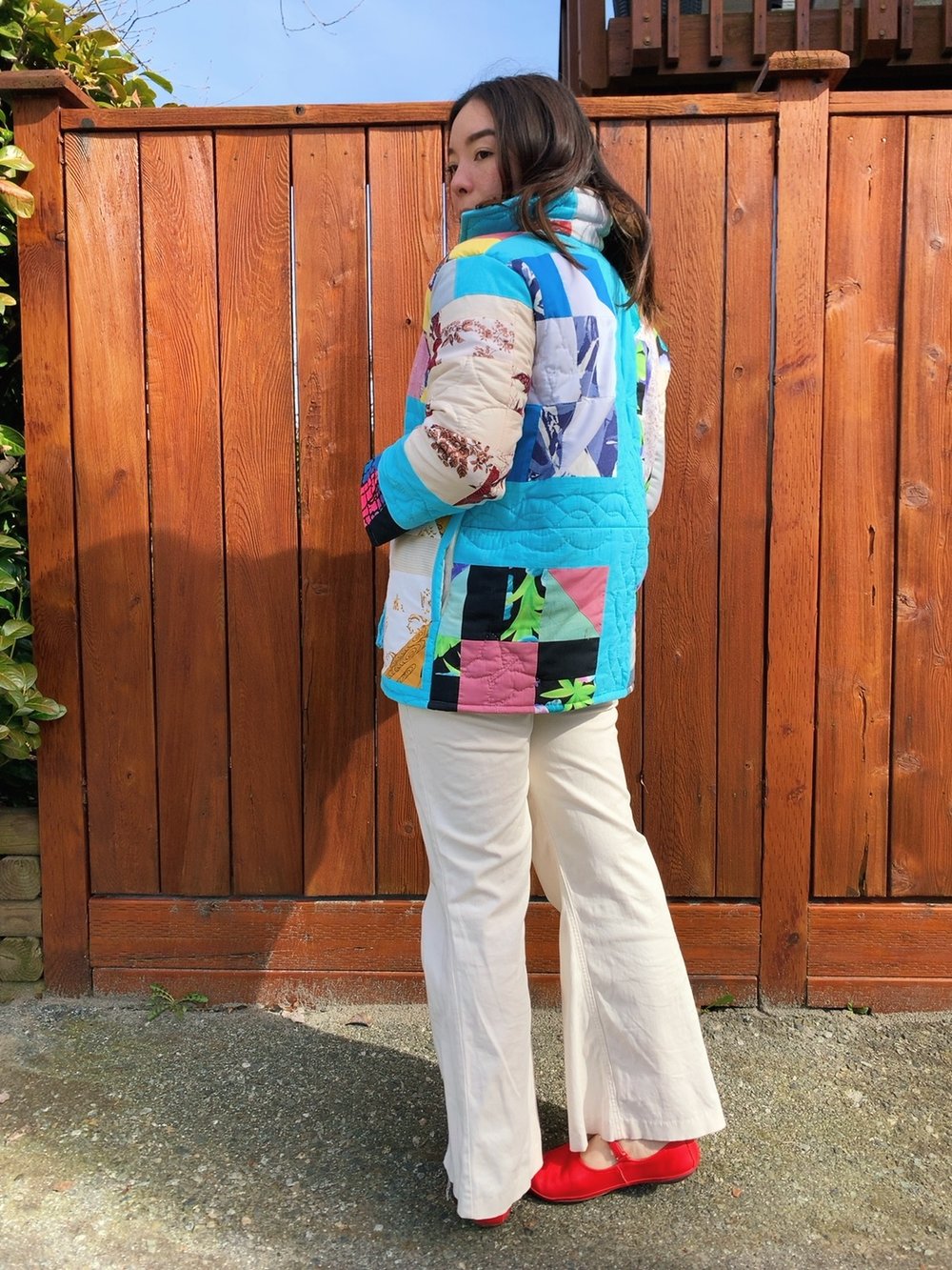 Image of Quilt  Collared Coat - Turquoise Multi-Colored Patchwork