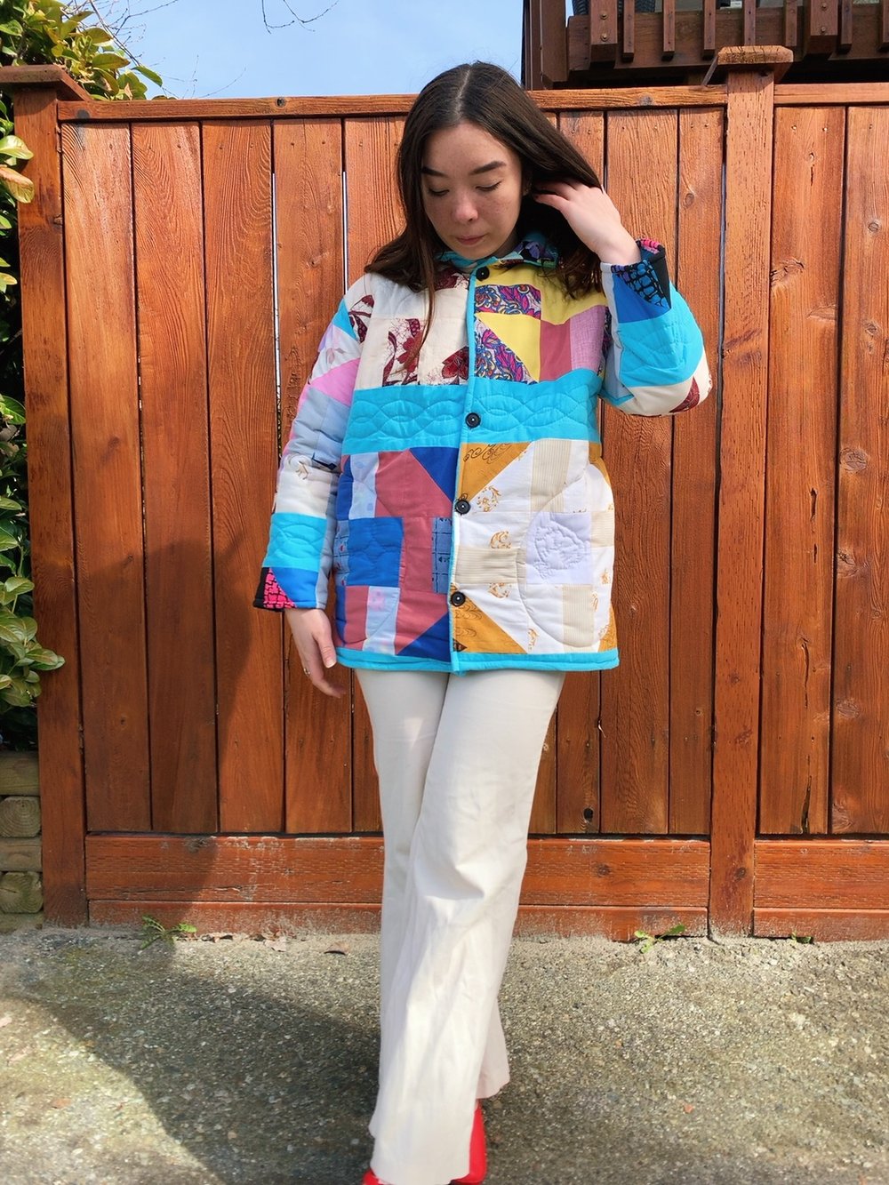 Image of Quilt  Collared Coat - Turquoise Multi-Colored Patchwork