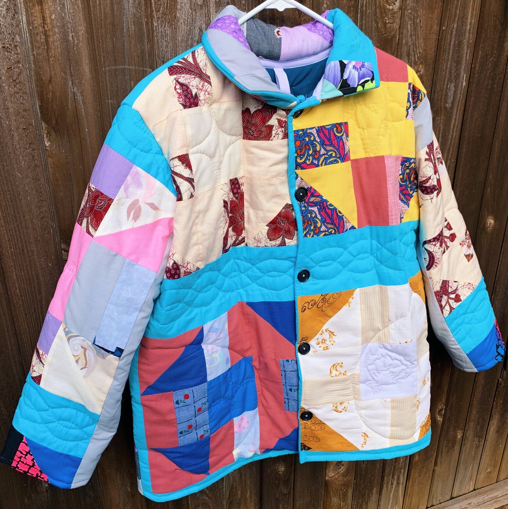 Image of Quilt  Collared Coat - Turquoise Multi-Colored Patchwork