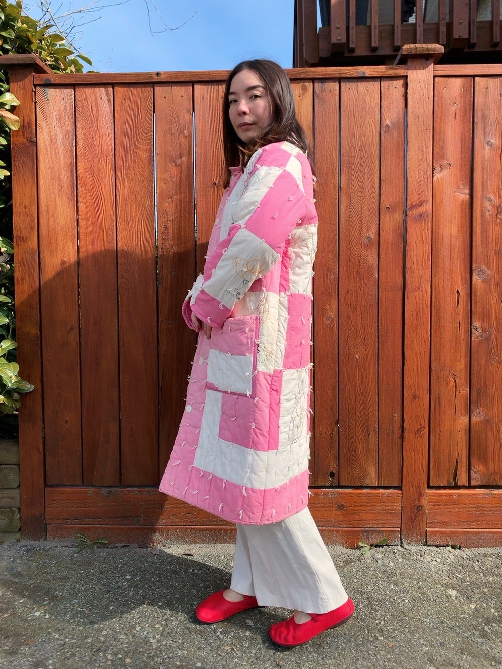 Image of Quilt Collared Coat — Pink & White Embroidered