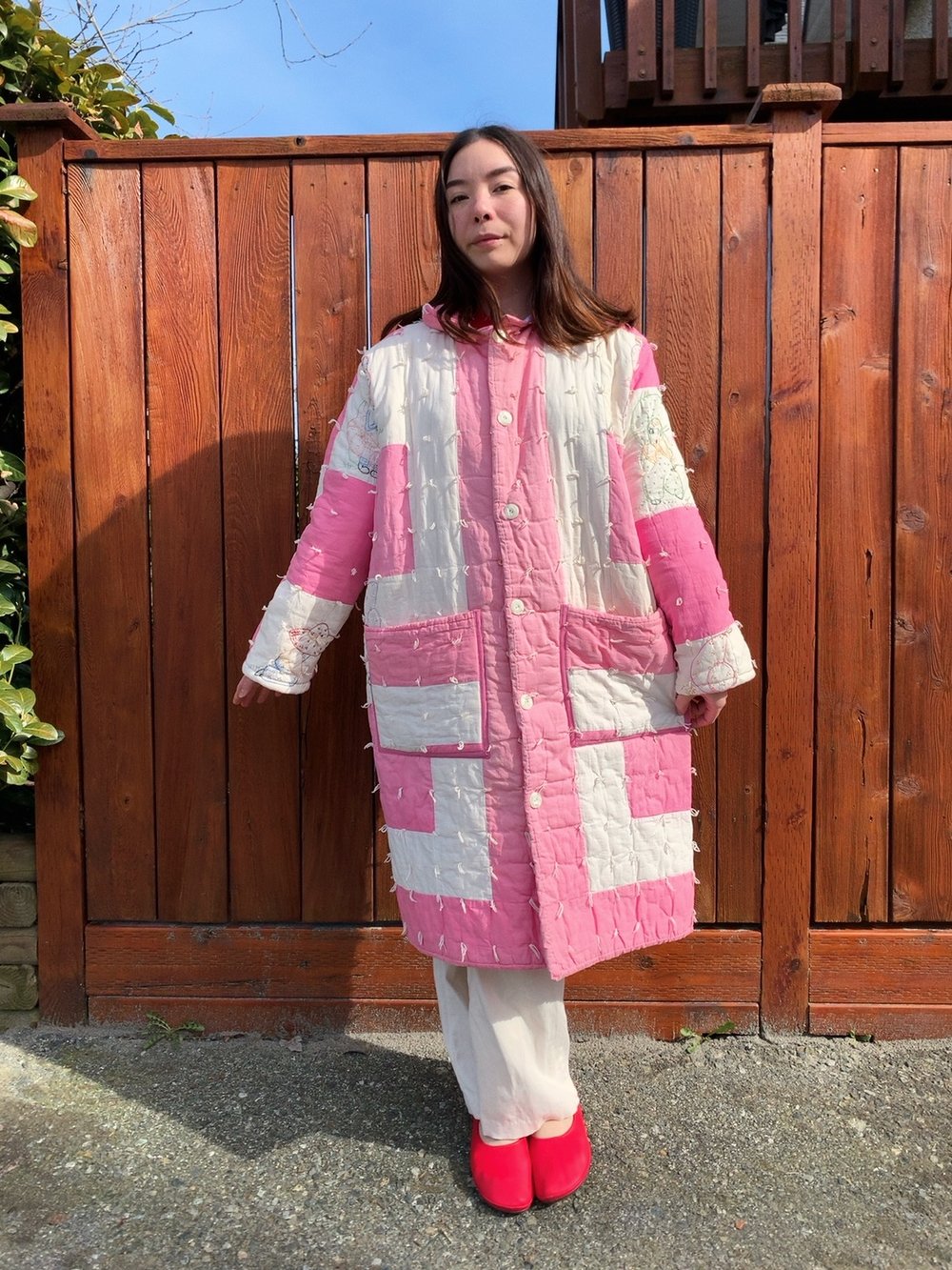 Image of Quilt Collared Coat — Pink & White Embroidered