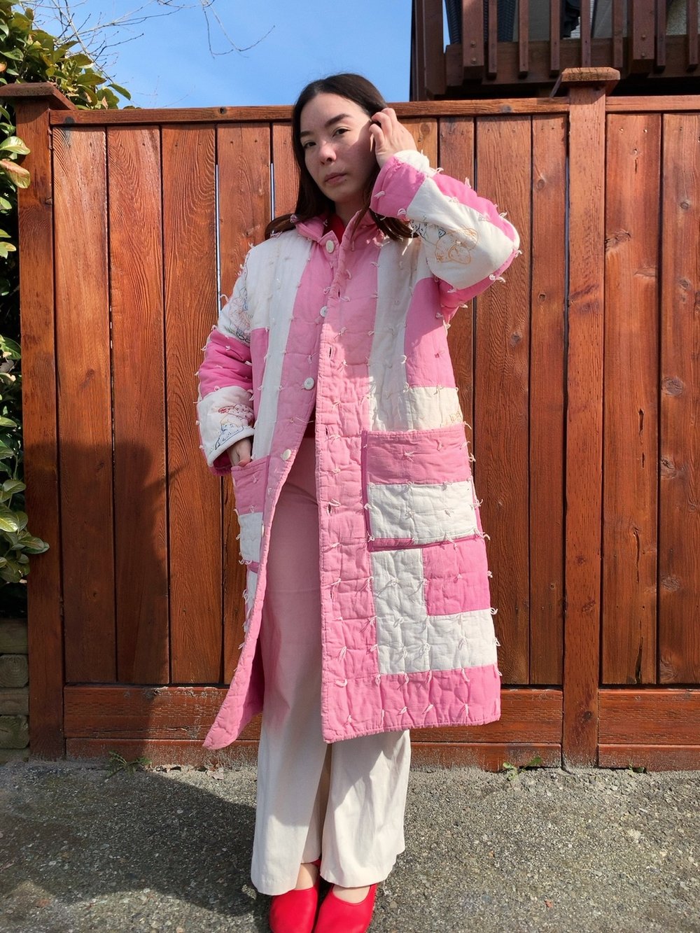 Image of Quilt Collared Coat — Pink & White Embroidered