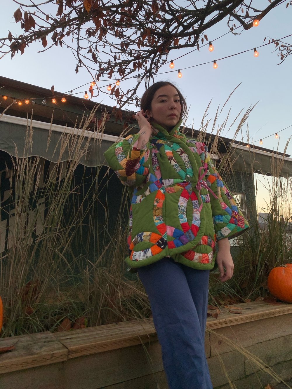 Image of Quilt Wrap Tie Coat — Green Wedding Ring 