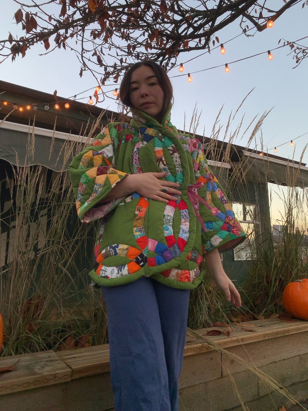 Image of Quilt Wrap Tie Coat — Green Wedding Ring 
