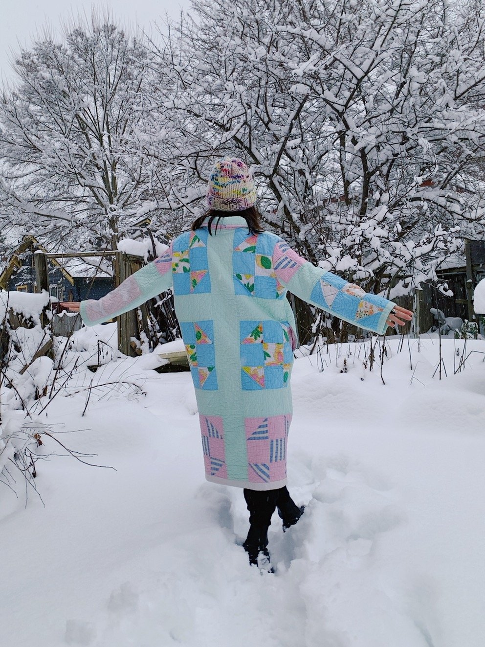 Image of Quilt Collared Duster Coat - Pastel Squares