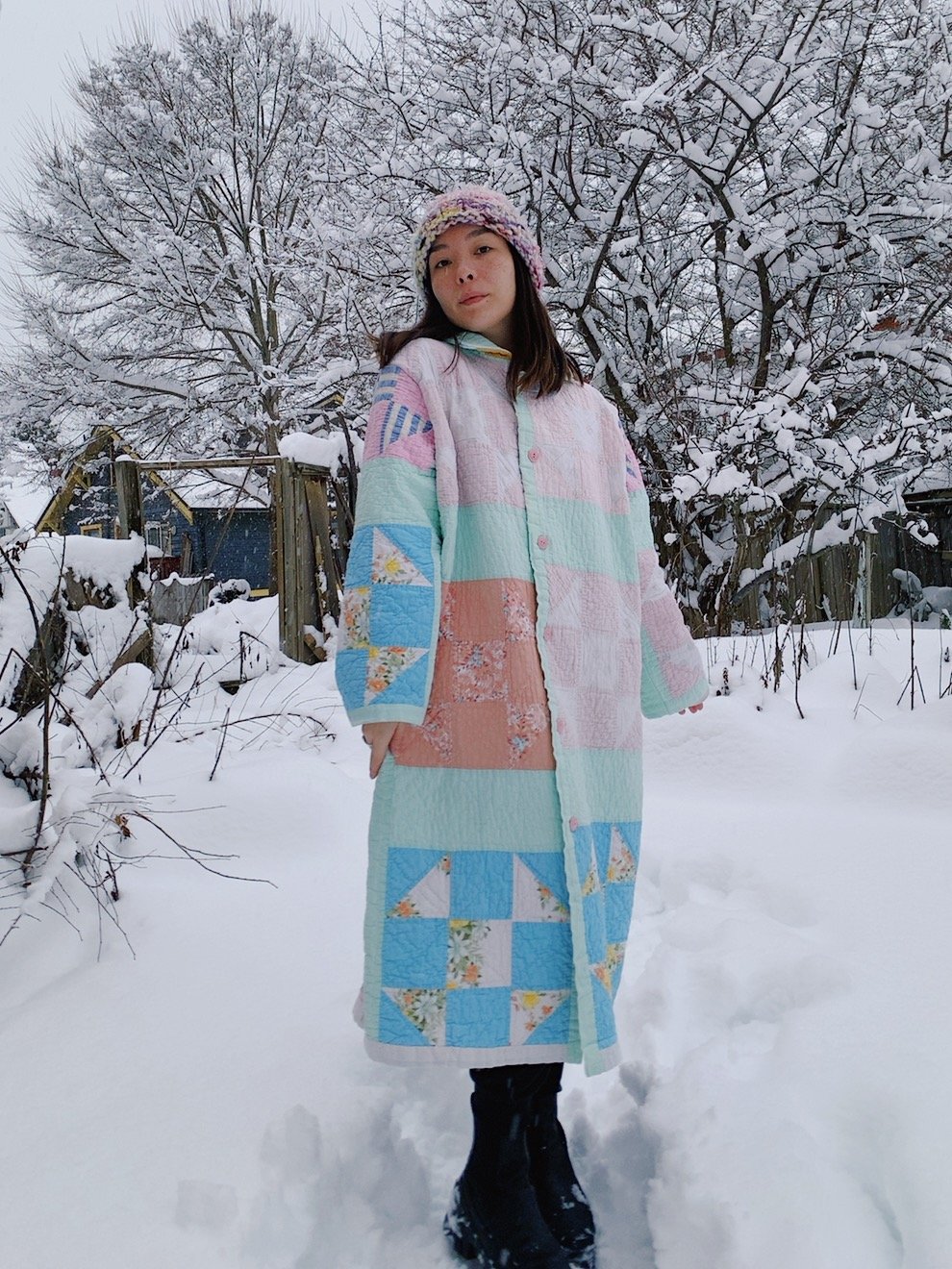 Image of Quilt Collared Duster Coat - Pastel Squares