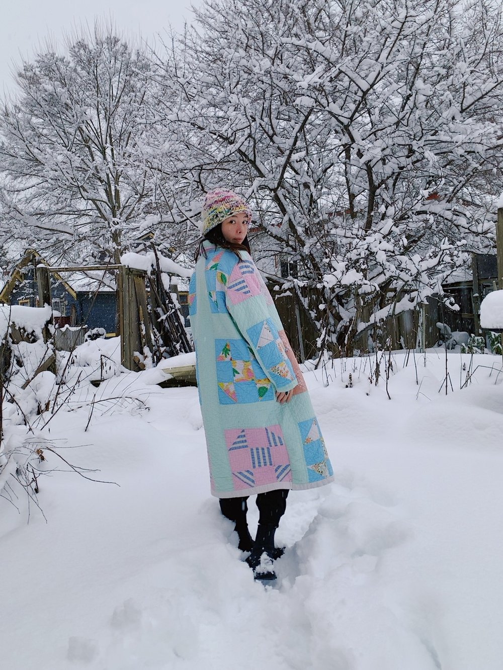 Image of Quilt Collared Duster Coat - Pastel Squares