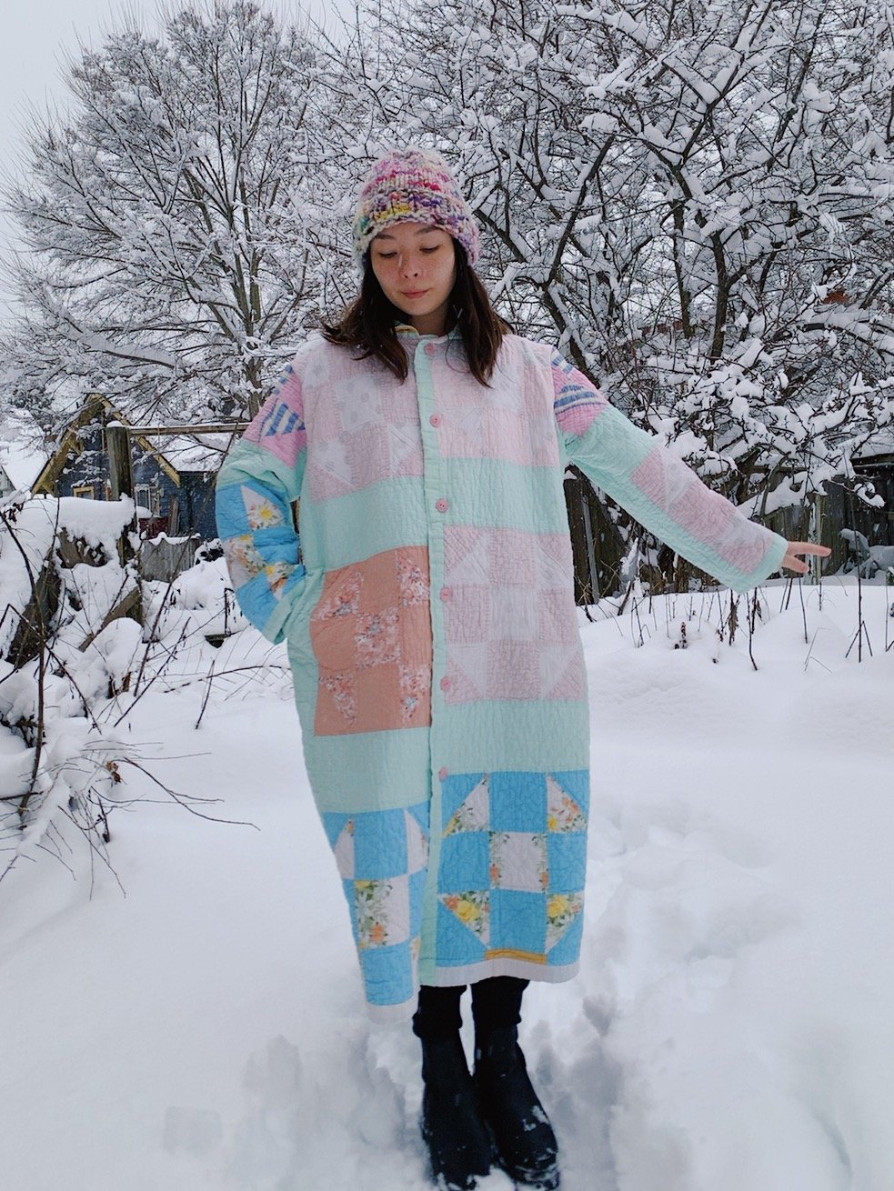 Image of Quilt Collared Duster Coat - Pastel Squares
