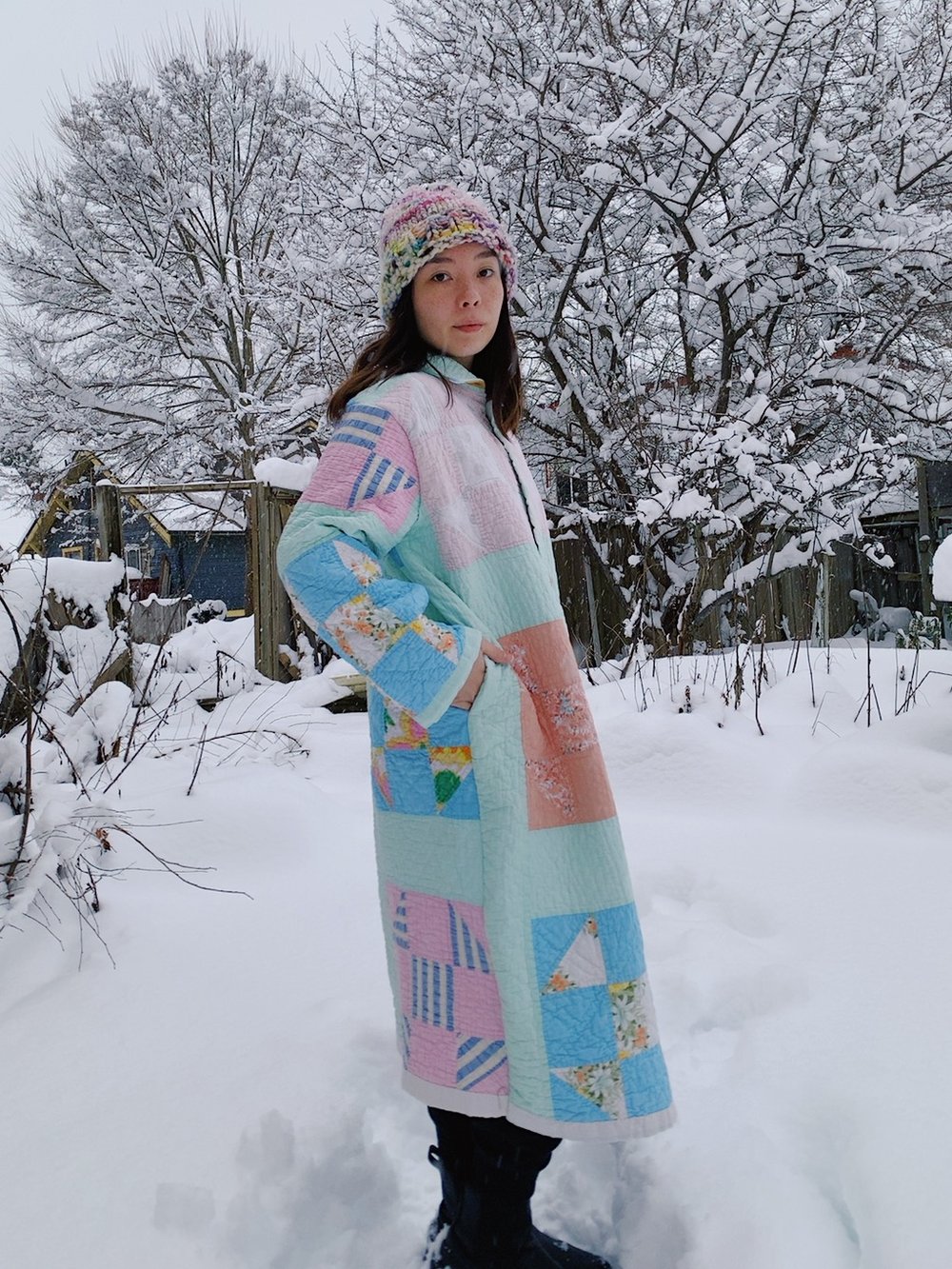 Image of Quilt Collared Duster Coat - Pastel Squares