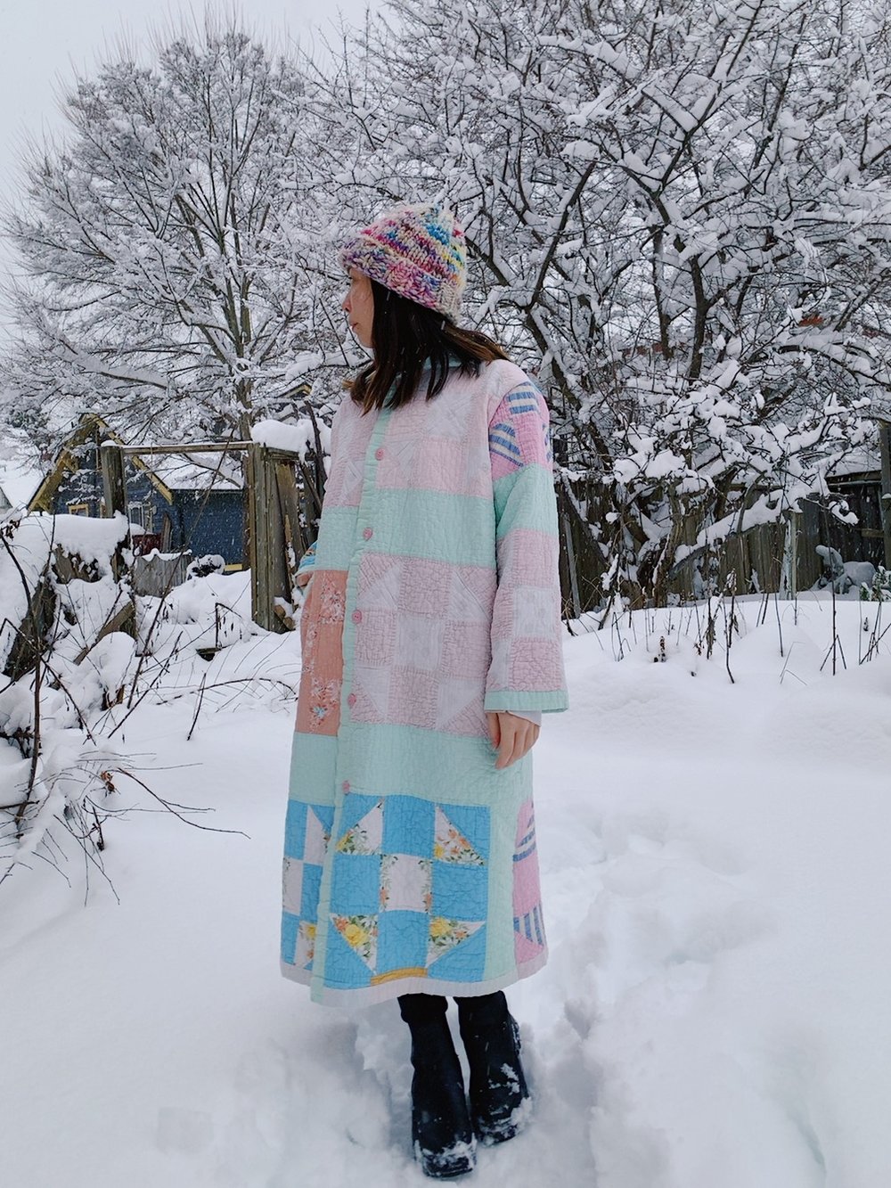 Image of Quilt Collared Duster Coat - Pastel Squares