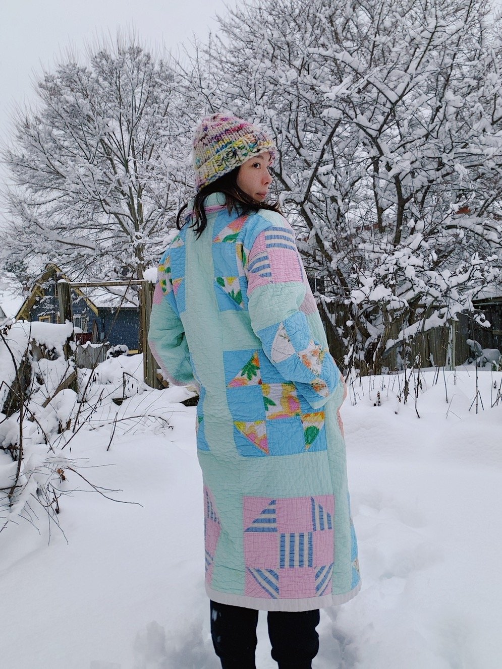 Image of Quilt Collared Duster Coat - Pastel Squares